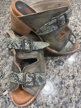 Freebird by Steven Caprice Olive Green Leather Sandal Mules with Snake-Print